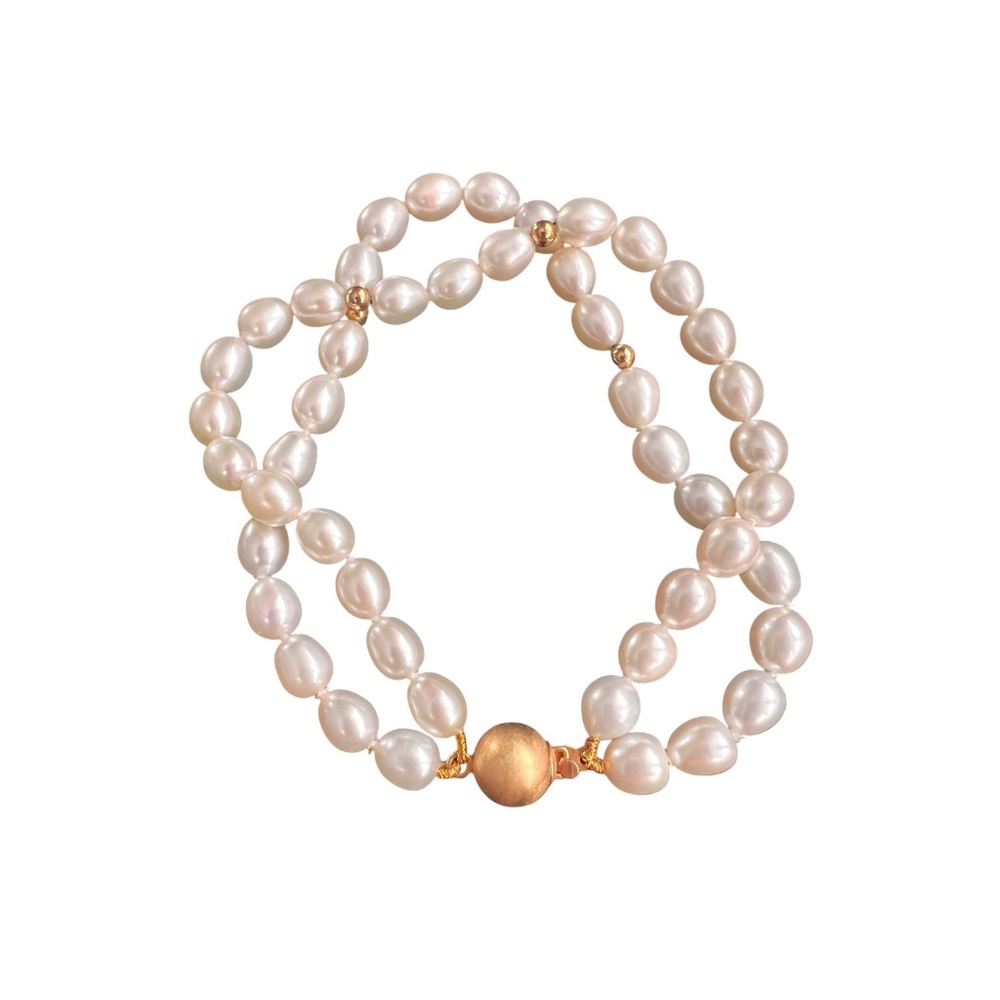 Vintage Double-Strand Pearl Bracelet with 14K Gold Box Clasp & Spacers, 7”